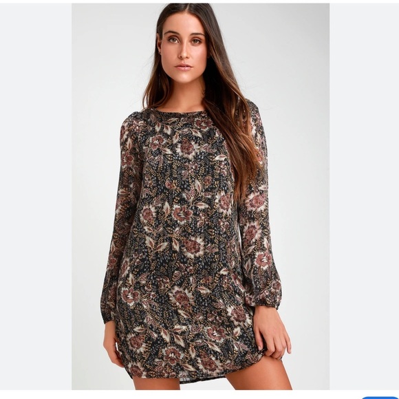 Lulus Womens S Mini Dress Shift Lovely Black Floral Printed Long Sleeve Chiffon - Picture 1 of 8